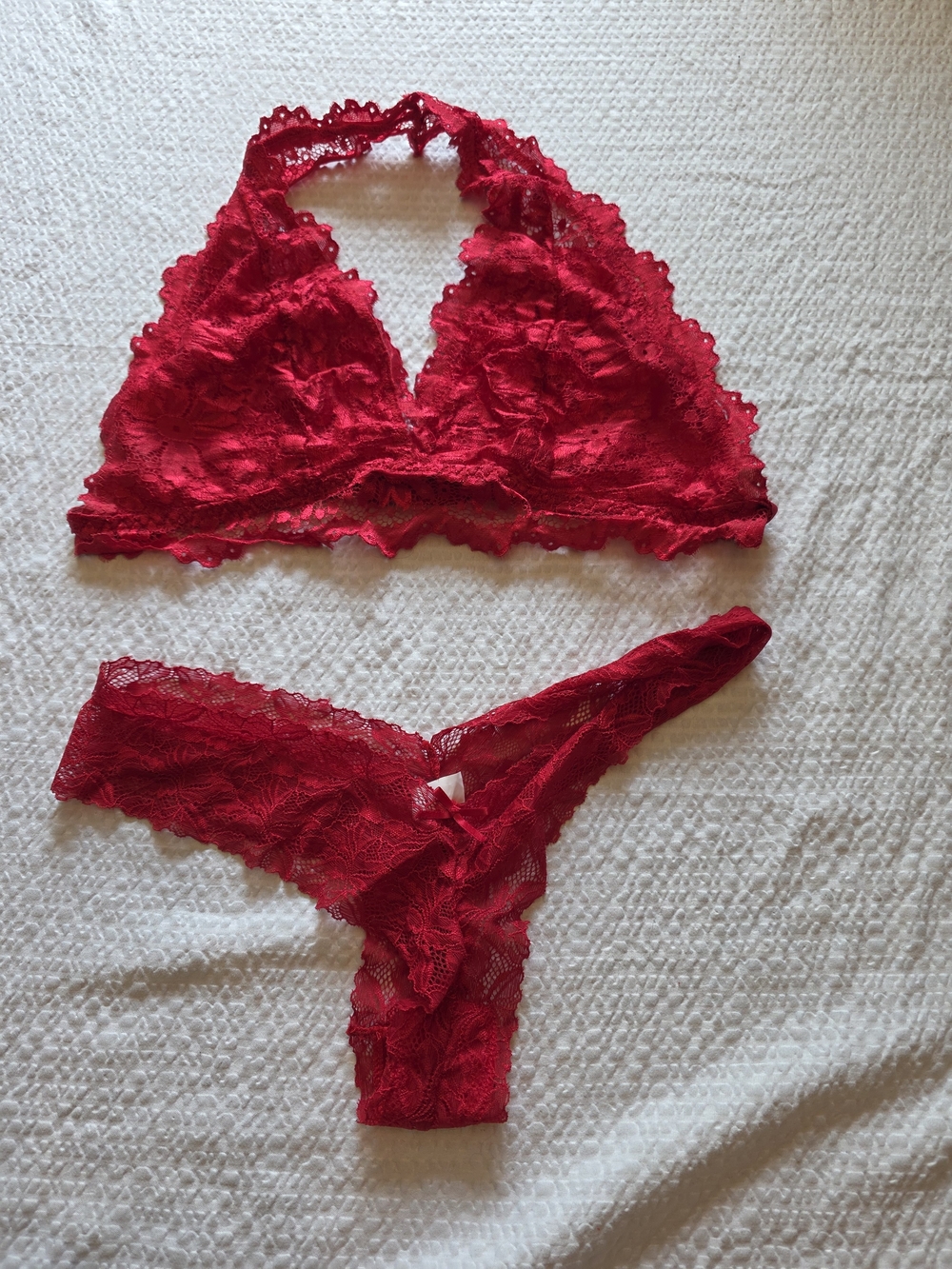 Red Lace Halter Bralette & Thong Set New Without Tags L